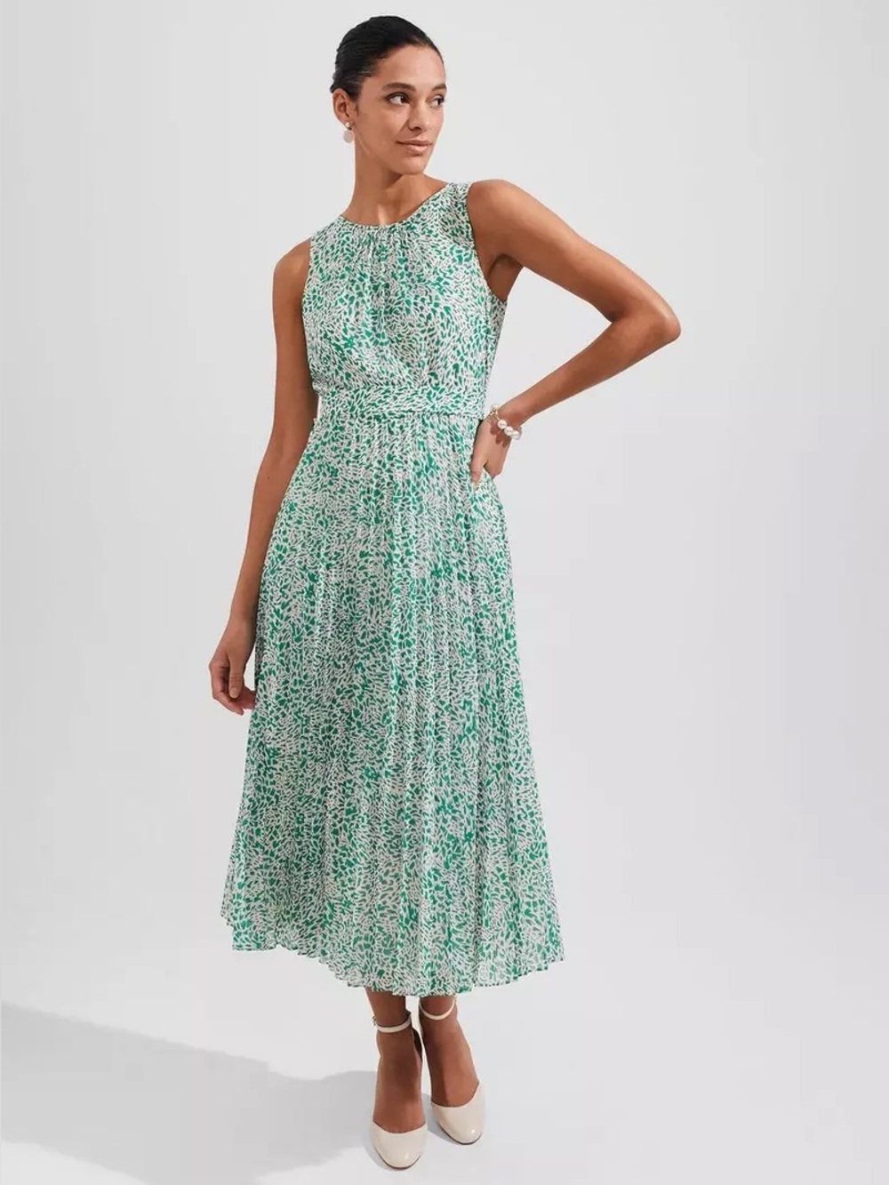 Hobbs London Blythe Pleated Midi Dress sleeveless fit & flare tie belt Green 4